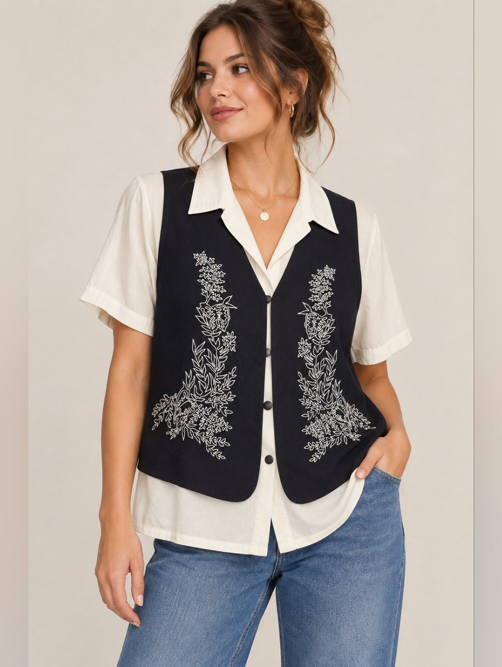 Vintage Koret Embroidered Vest Blouse Size 12 Navy Ivory Cottagecore 90s